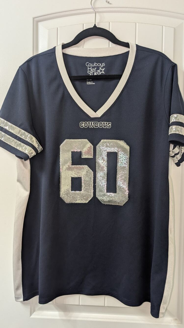 COWBOYS HER STYLE DALLAS COWBOYS WOMENS 2XL BLUE SILVER SEQUIN #60 JERSEY